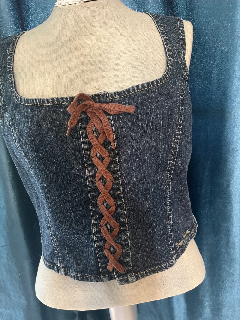 Denim Lace-Up Crop Tank Top with Brown Tie